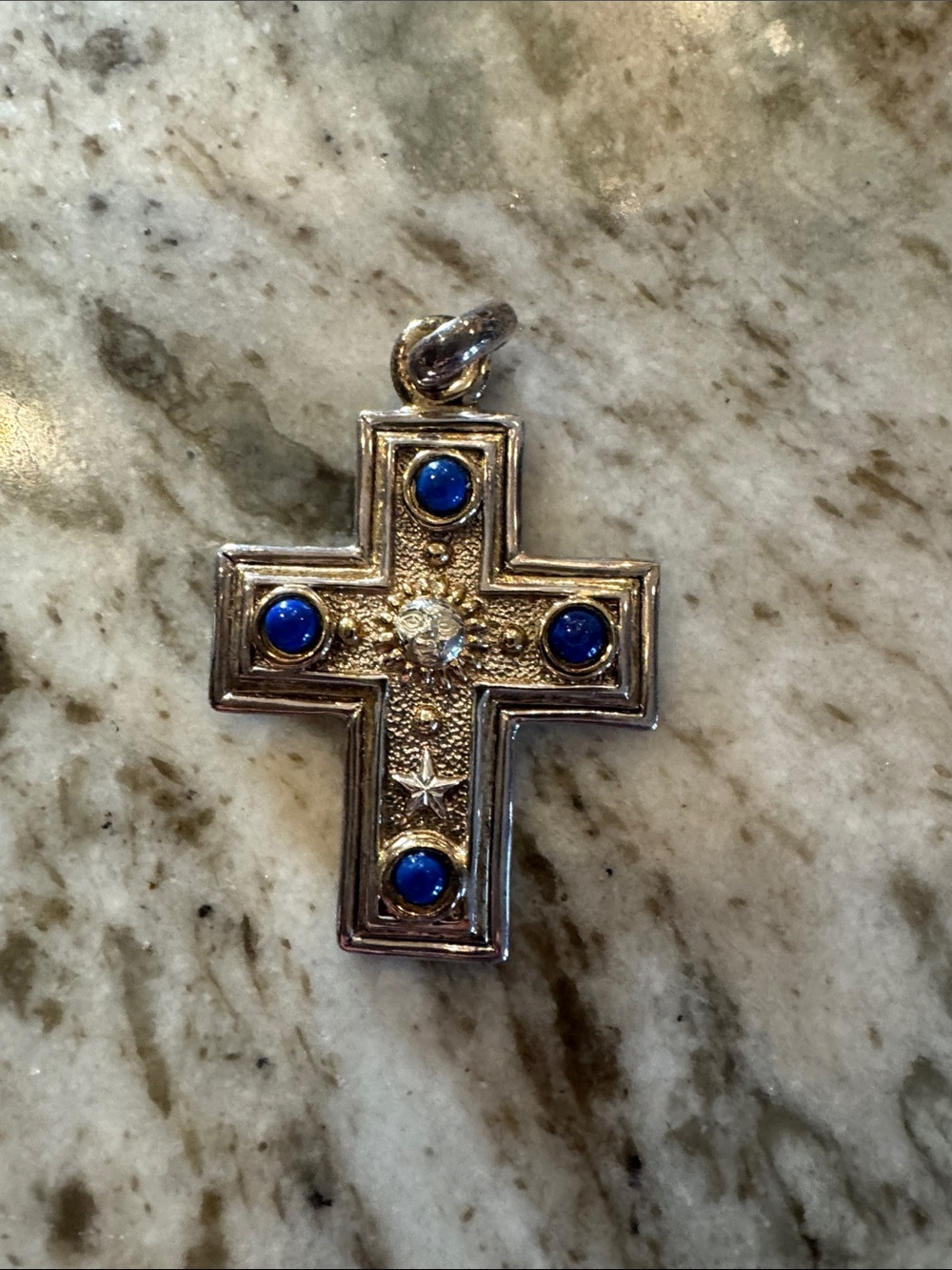 Silver Cross Pendant with Blue Stone Accents